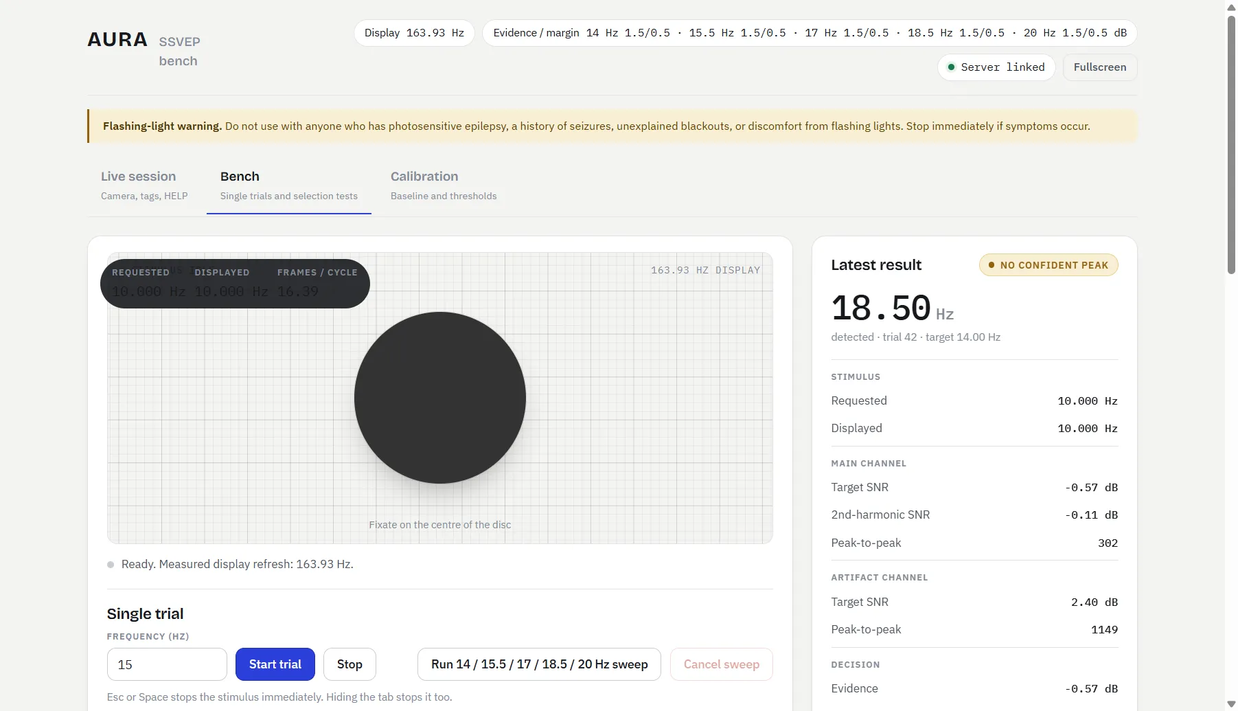 The AURA bench interface showing the flickering stimulus disc and a results panel with SNR values and the decision breakdown.