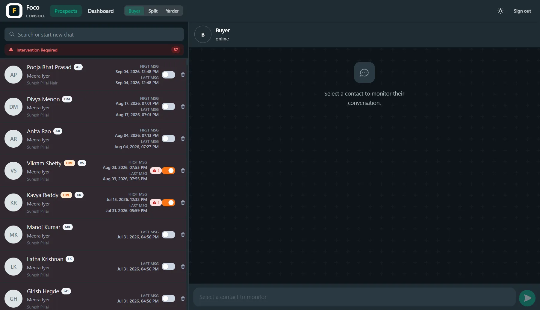 The YantraLive operations console showing the intervention queue and a WhatsApp-style conversation list.