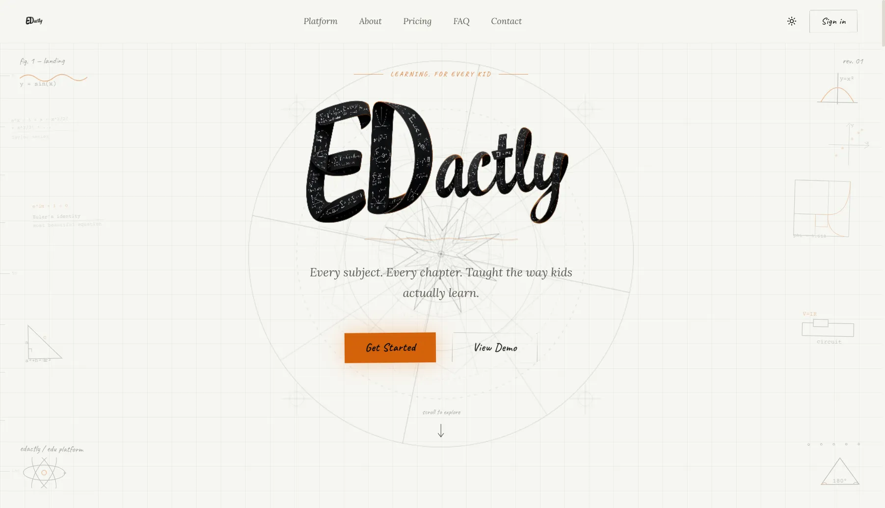 The Edactly landing page, with a hand-drawn graph-paper background and mathematical annotations in the margins.